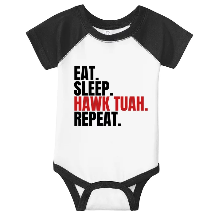 Eat Sleep Hawk Tuah Repeat Funny Viral Election Parody Infant Baby Jersey Bodysuit