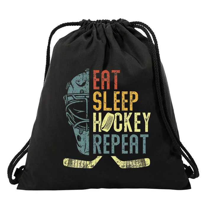 Eat Sleep Hockey Repeat  Ice Hockey Retro Vintage Drawstring Bag