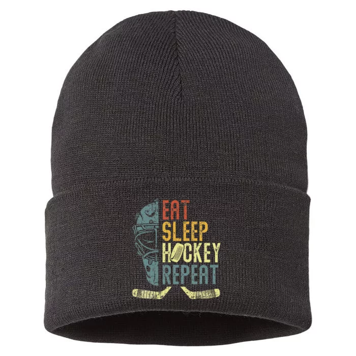 Eat Sleep Hockey Repeat  Ice Hockey Retro Vintage Sustainable Knit Beanie