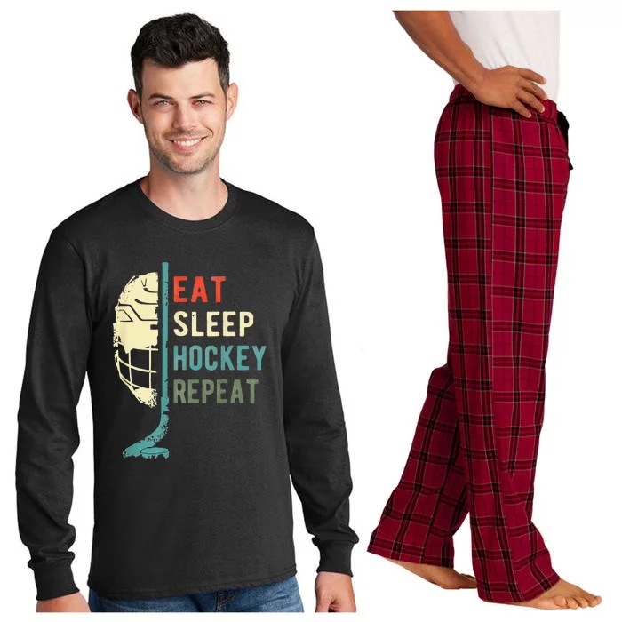 Eat Sleep Hockey Repeat Hockey Funny Ice Hockey Long Sleeve Pajama Set