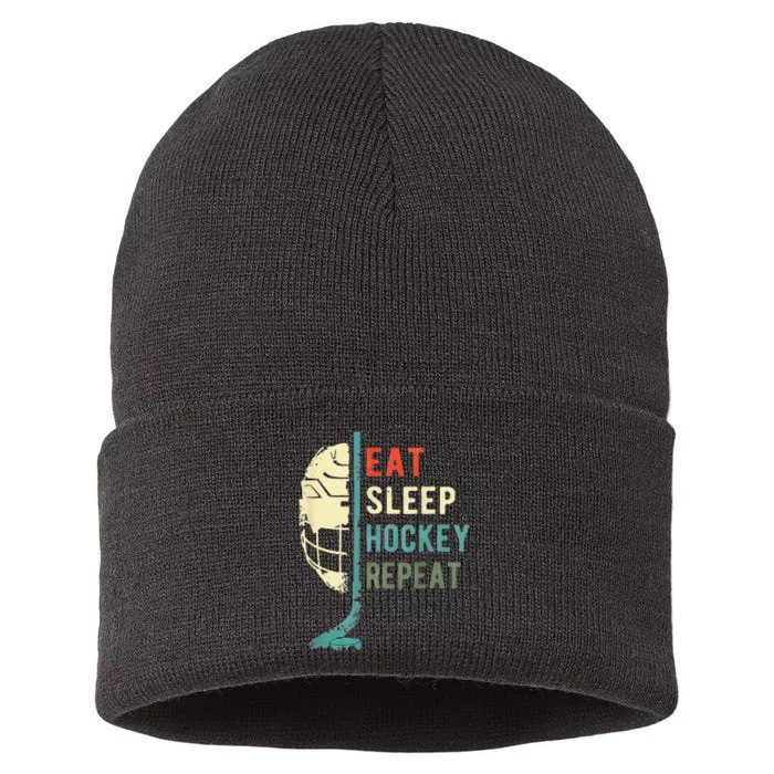 Eat Sleep Hockey Repeat Hockey Funny Ice Hockey Sustainable Knit Beanie