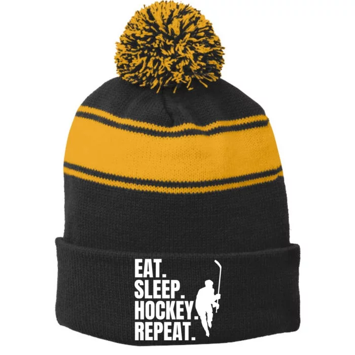 Eat Sleep Hockey Repeat Funny Stripe Pom Pom Beanie