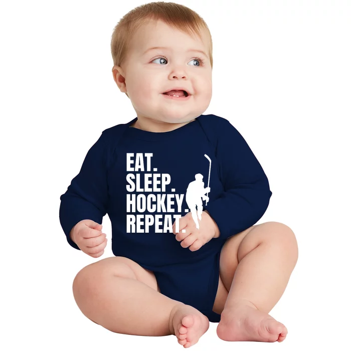 Eat Sleep Hockey Repeat Funny Baby Long Sleeve Bodysuit