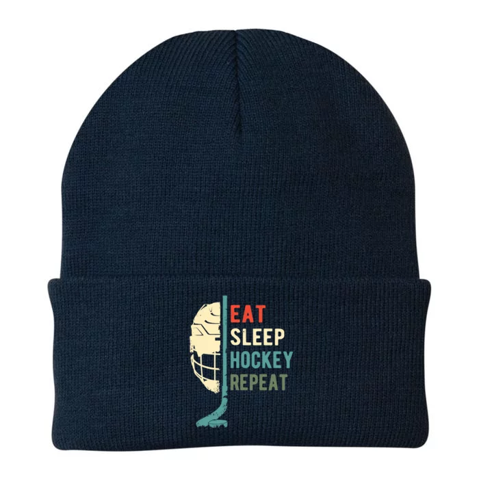 Eat Sleep Hockey Repeat Funny Retro Vintage Knit Cap Winter Beanie