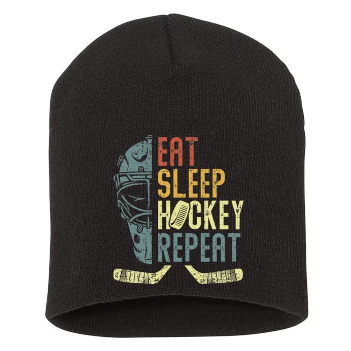 Eat Sleep Hockey Repeat Ice Hockey Retro Vintage Short Acrylic Beanie