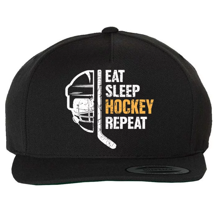 Eat Sleep Hockey Repeat Hockey Funny Ice Hockey Wool Snapback Cap