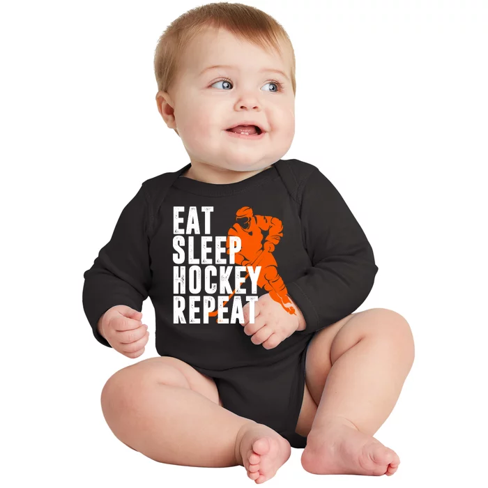 Eat Sleep Hockey Repeat Baby Long Sleeve Bodysuit