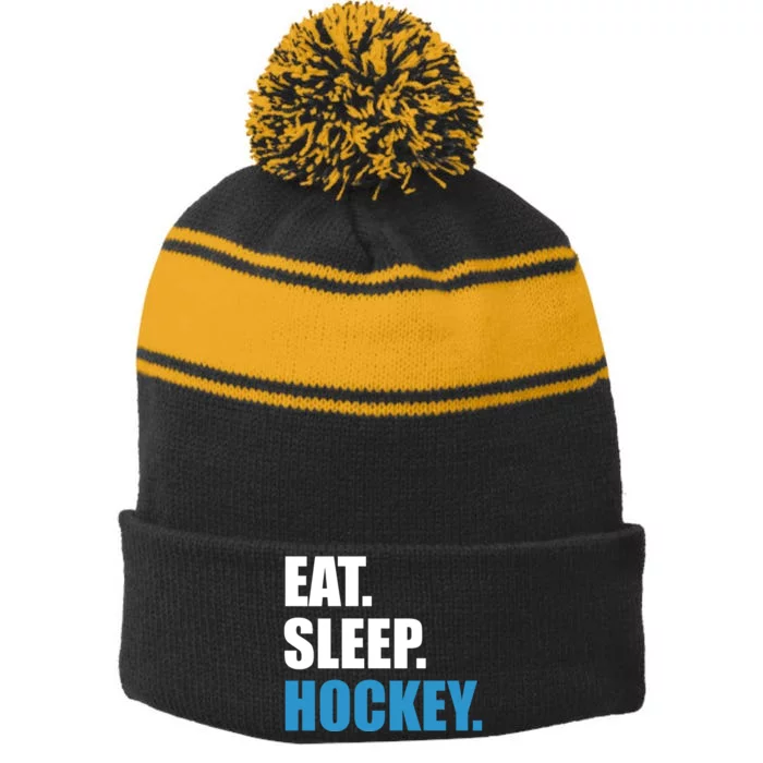 Eat Sleep Hockey Stripe Pom Pom Beanie