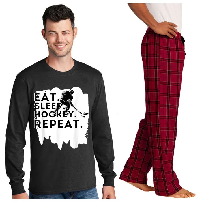 Eat Sleep Hockey Repeat Funny Ice Hockey Player Gift Long Sleeve Pajama Set