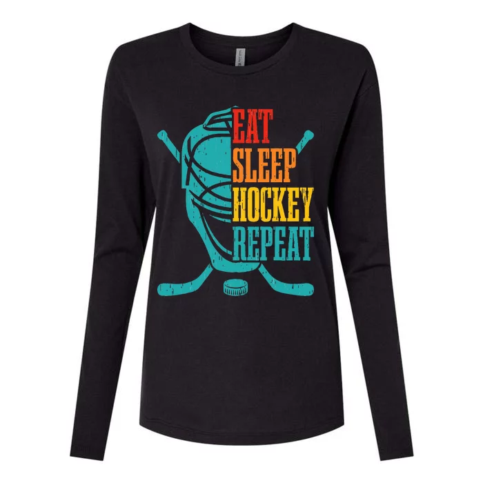 Eat Sleep Hockey Repeat Funny Hockey Player Womens Cotton Relaxed Long Sleeve T-Shirt