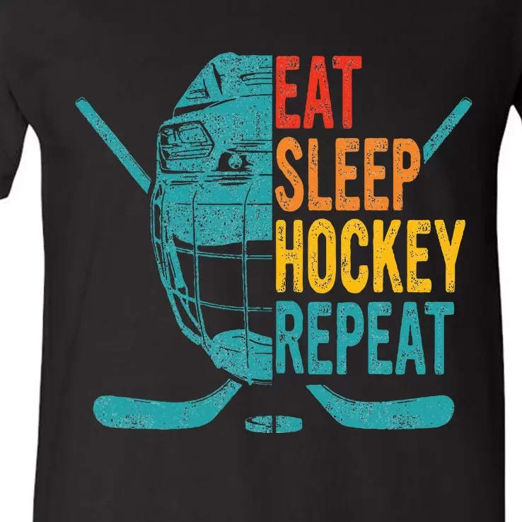 Eat Sleep Hockey Repeat Hockey Funny Ice Hockey V-Neck T-Shirt