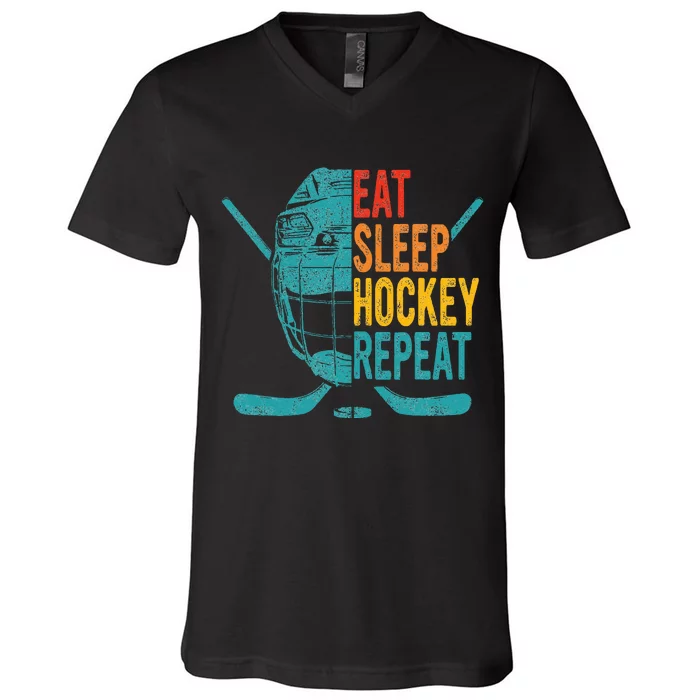 Eat Sleep Hockey Repeat Hockey Funny Ice Hockey V-Neck T-Shirt