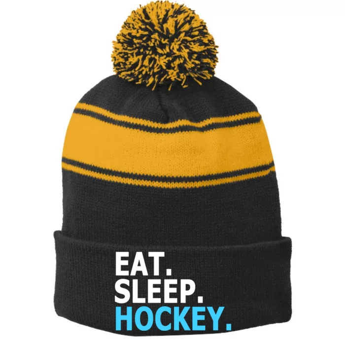 Eat. Sleep. Hockey. Stripe Pom Pom Beanie