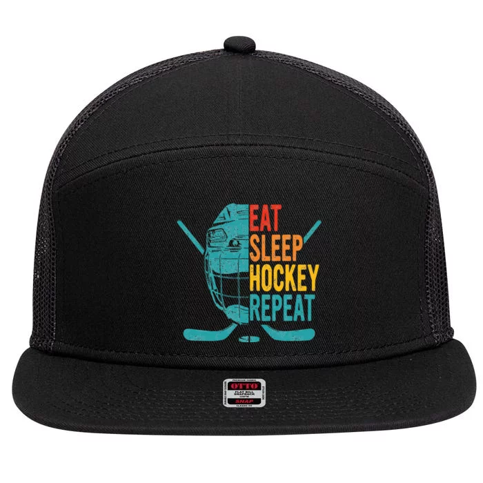 Eat Sleep Hockey Repeat Hockey Ice Hockey 7 Panel Mesh Trucker Snapback Hat