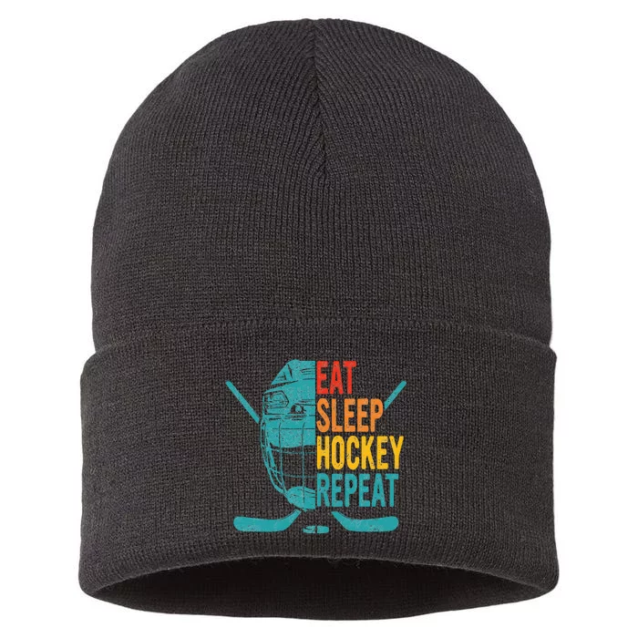 Eat Sleep Hockey Repeat Hockey Ice Hockey Sustainable Knit Beanie