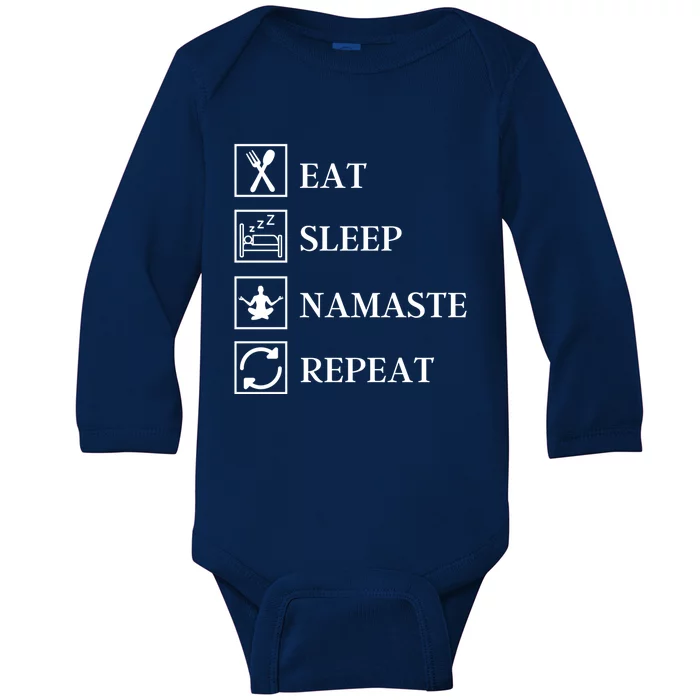 Eat Sleep Namaste Repeat Funny Yoga Gym Workout Meditation Funny Gift Baby Long Sleeve Bodysuit