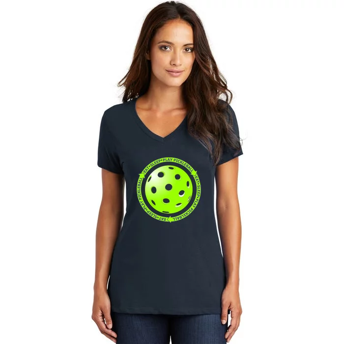 Eat Sleep Pickleball Circle | Fun Pickleball | Green Pickleball Women's V-Neck T-Shirt