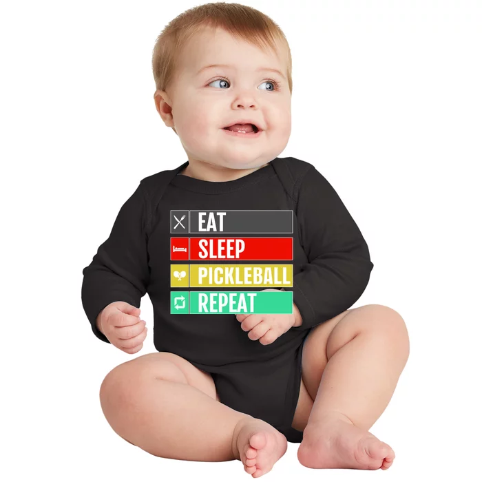 Eat Sleep Pickleball Repeat Funny Pickle Ball Baby Long Sleeve Bodysuit