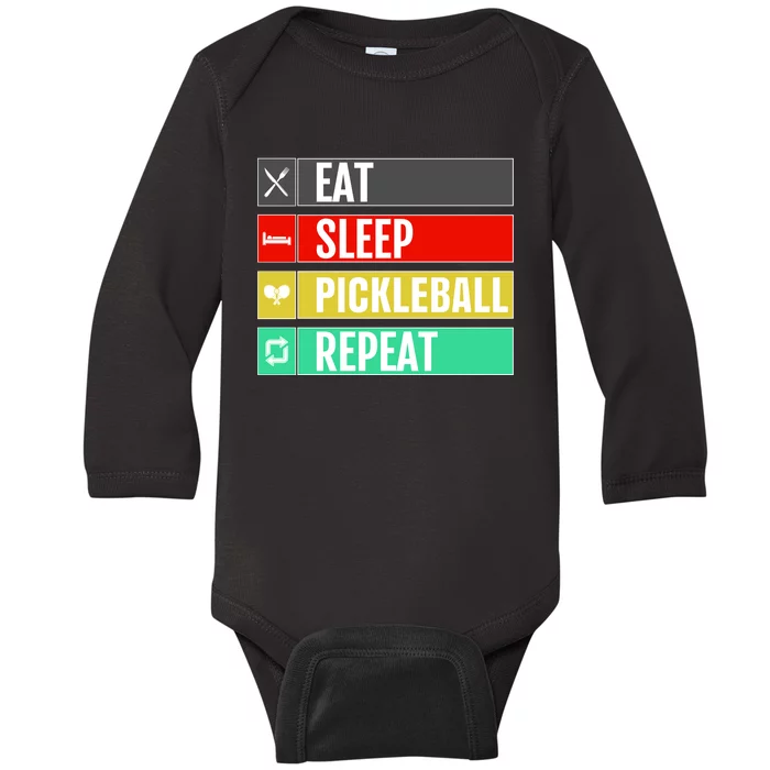 Eat Sleep Pickleball Repeat Funny Pickle Ball Baby Long Sleeve Bodysuit