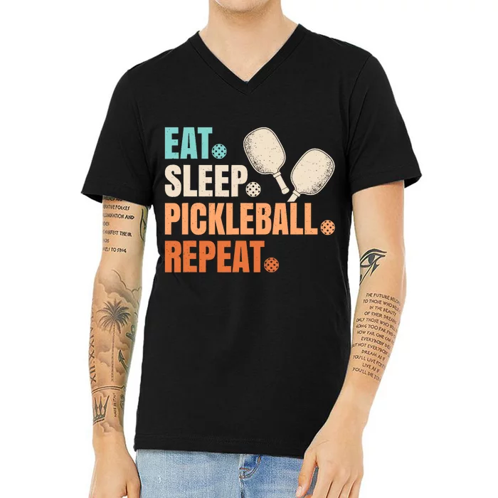 Eat Sleep Pickleball Repeat Funny Pickle Ball Player V-Neck T-Shirt