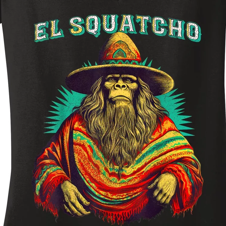 El Squatcho Poncho – Western Bigfoot Funny Sasquatch Women's V-Neck T-Shirt