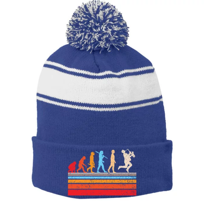 Evolution Saxophone Player Saxophonist Jazz Brass Music Gift Stripe Pom Pom Beanie