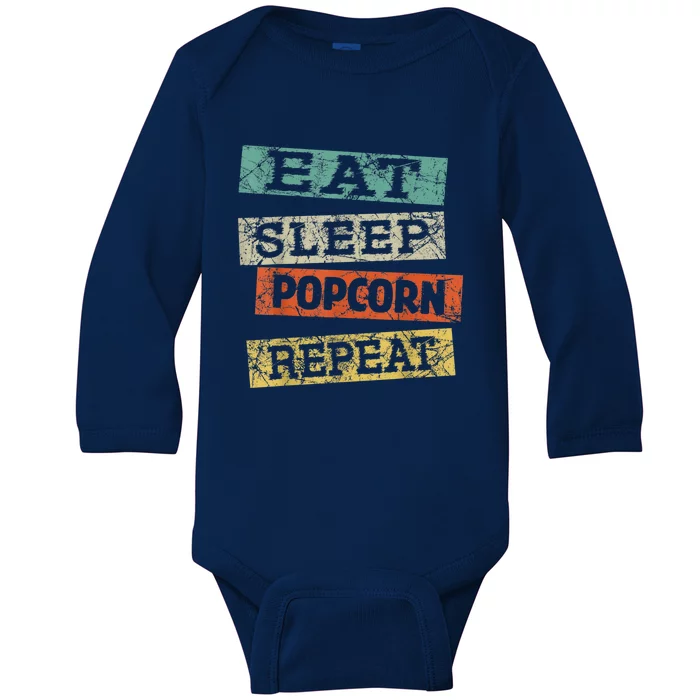 Eat Sleep Popcorn Repeat Funny Popcorn Lover Movie Baby Long Sleeve Bodysuit