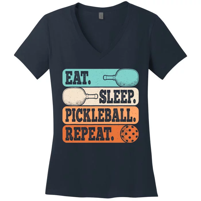 Eat Sleep Pickleball Repeat Funny Pickleball Lover Retro Women's V-Neck T-Shirt