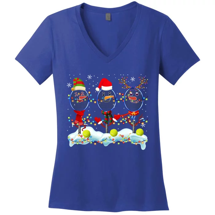 Elf Santa Reindeer Tennis Xmas Lights Tennis Player Gift Women's V-Neck T-Shirt