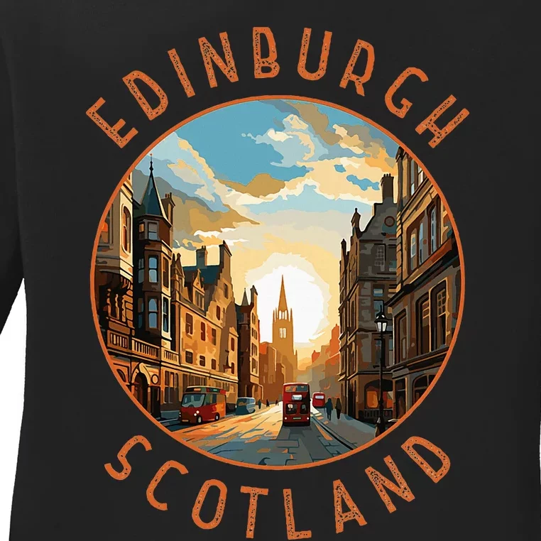 Edinburgh Scotland Retro Distressed Circle Travel Souvenir Ladies Long Sleeve Shirt