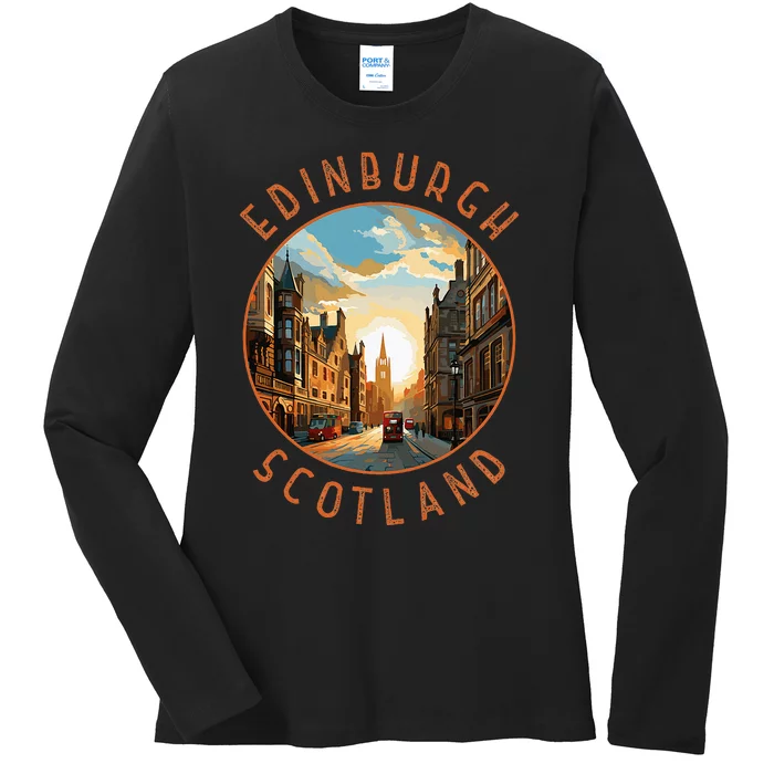 Edinburgh Scotland Retro Distressed Circle Travel Souvenir Ladies Long Sleeve Shirt