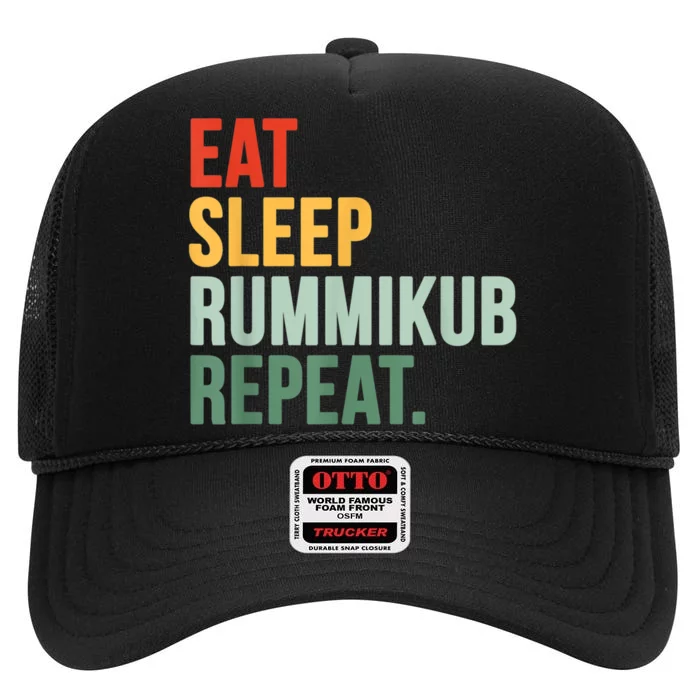 Eat Sleep Rummikub Repeat Multicolored Font High Crown Mesh Trucker Hat