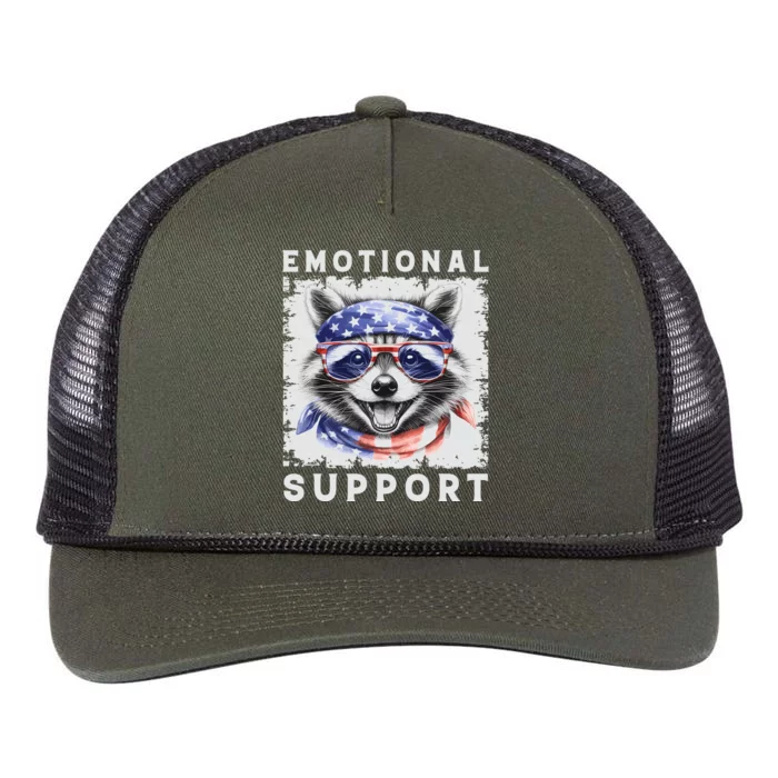 Emotional Support Raccoon Zootherapy Raccoon American Flag Retro Rope Trucker Hat Cap