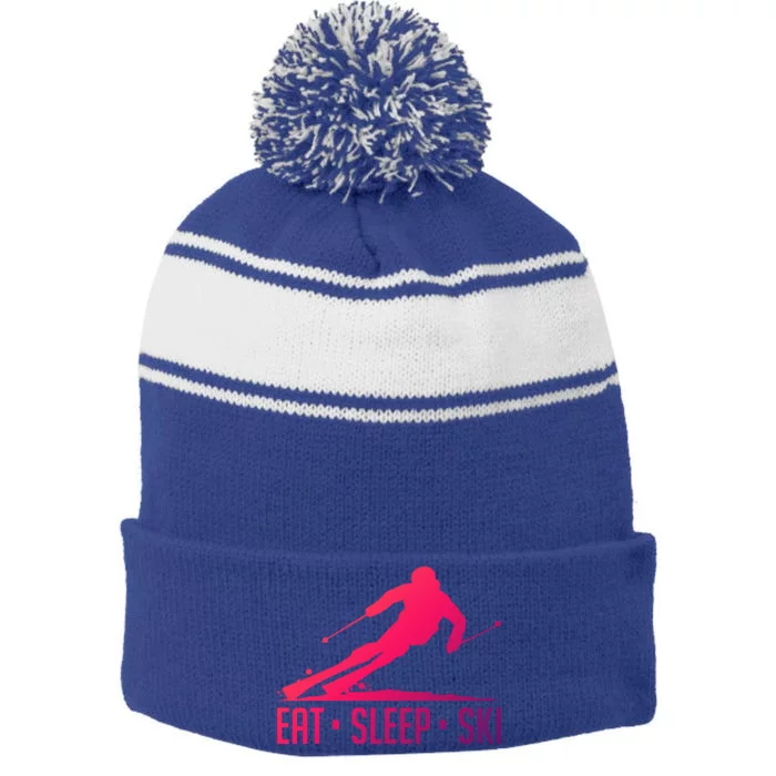 Eat Sleep Ski Skiing Skier Snow Winter Vacation Gift Stripe Pom Pom Beanie