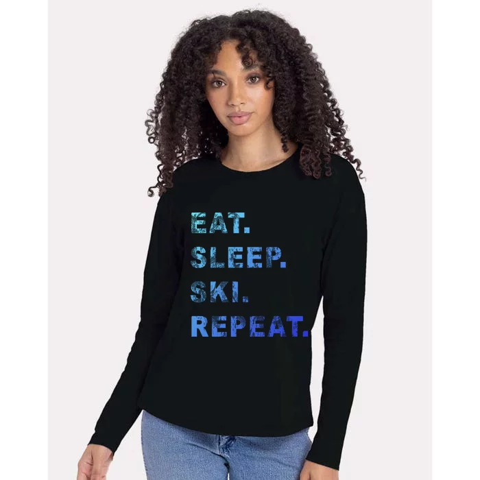 Eat Sleep Ski Repeat Humor Distressed Casual Funny Gift Womens Cotton Relaxed Long Sleeve T-Shirt