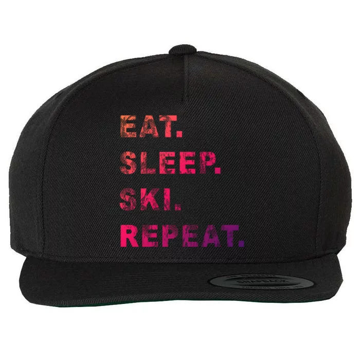 Eat Sleep Ski Repeat Humor Distressed Casual Funny Gift Wool Snapback Cap