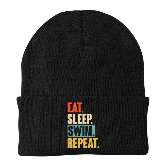 Eat Sleep Swim Repeat Funny Retro Vintage Swimming Swimmer Knit Cap Winter Beanie