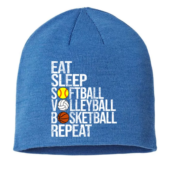 Eat Sleep Softball Volleyball Basketball Repeat Funny Sport Funny Gift 8 1/2in Sustainable Knit Beanie