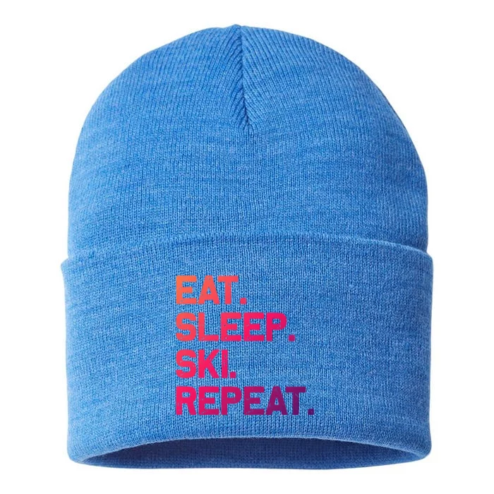 Eat Sleep Ski Repeagift Funny Skiing Gift Sustainable Knit Beanie