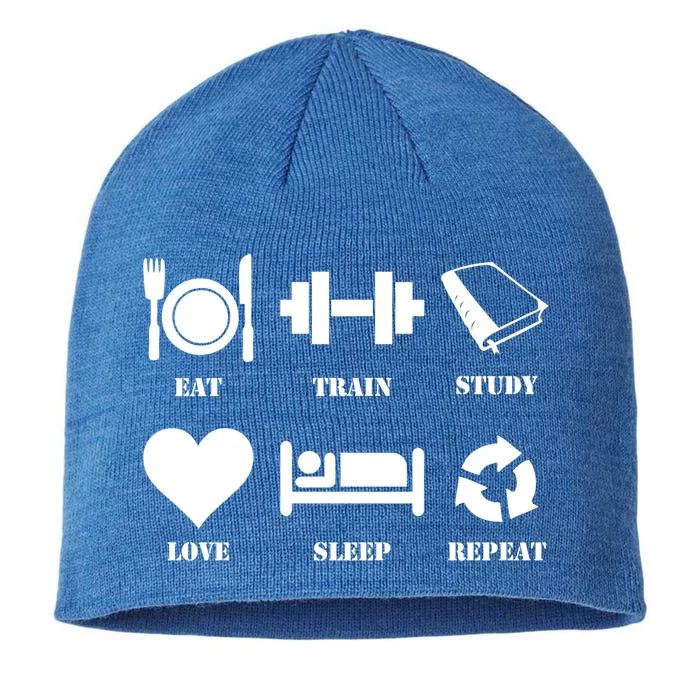 Eat Sleep Study Love Sleep Repeat Great Gift Motivational Gym Meaningful Gift 8 1/2in Sustainable Knit Beanie