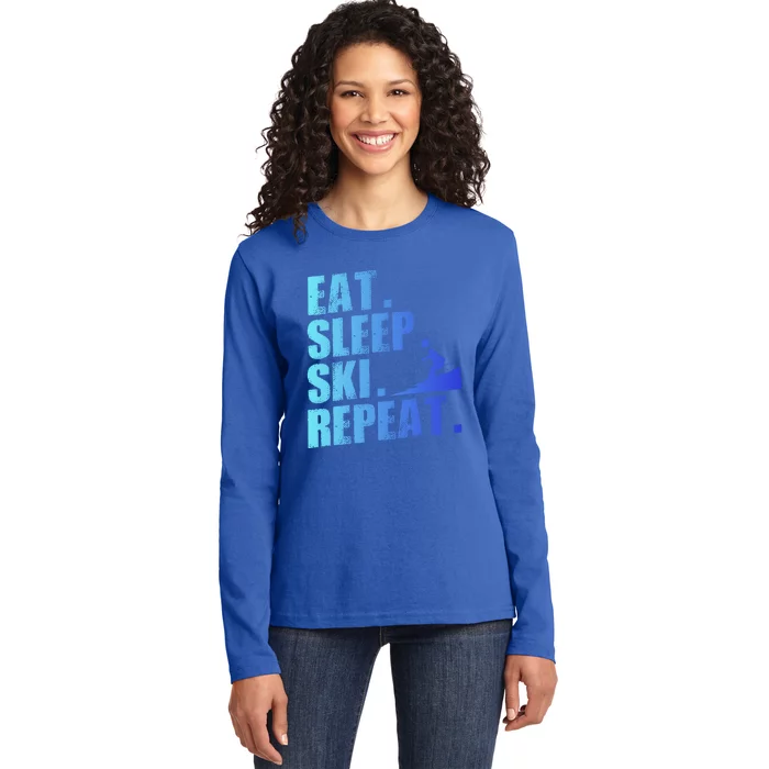 Eat Sleep Ski Repeat Skiing Downhill Piste Ski Resort Funny Cool Gift Ladies Long Sleeve Shirt