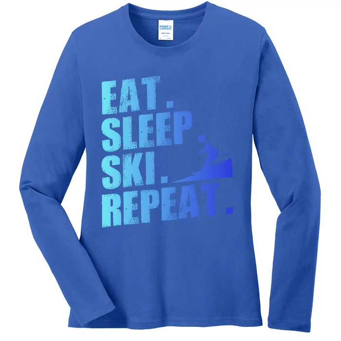 Eat Sleep Ski Repeat Skiing Downhill Piste Ski Resort Funny Cool Gift Ladies Long Sleeve Shirt