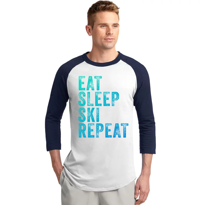 Eat Sleep Ski Repeat Skiing Skier Funny Vintage Distressed Gift Baseball Sleeve Shirt