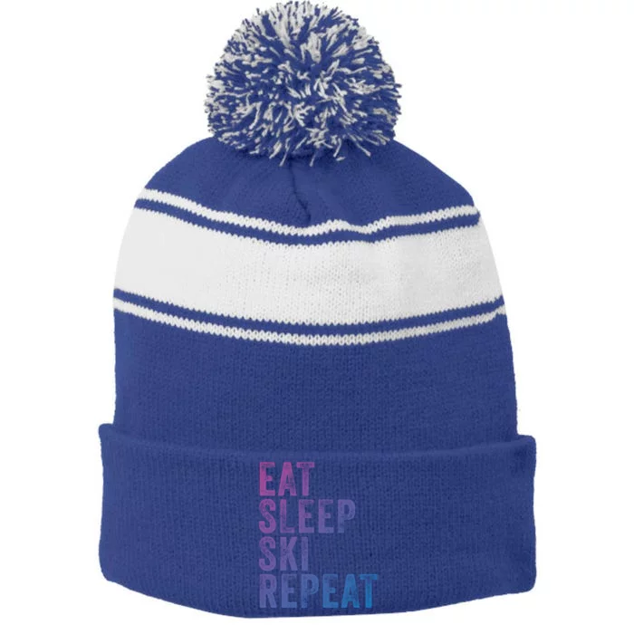 Eat Sleep Ski Repeat Skiing Skier Funny Vintage Distressed Gift Stripe Pom Pom Beanie