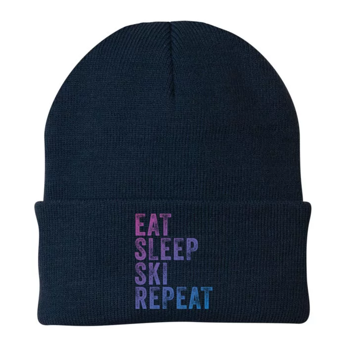 Eat Sleep Ski Repeat Skiing Skier Funny Vintage Distressed Gift Knit Cap Winter Beanie