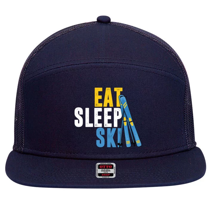 Eat Sleep Ski Skiing Winter Sports Mountain Skier Gift 7 Panel Mesh Trucker Snapback Hat