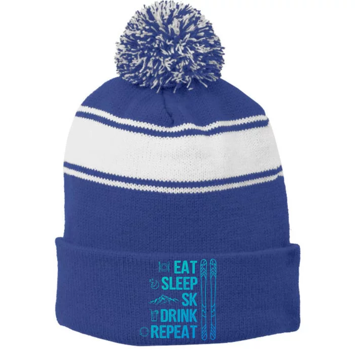 Eat Sleep Ski Ski Area Slopes Call Winter Sports Gift Stripe Pom Pom Beanie