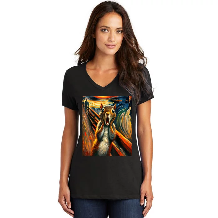 Expressionist Scream Squirrel Lovers Artistic Squirrel Women's V-Neck T-Shirt