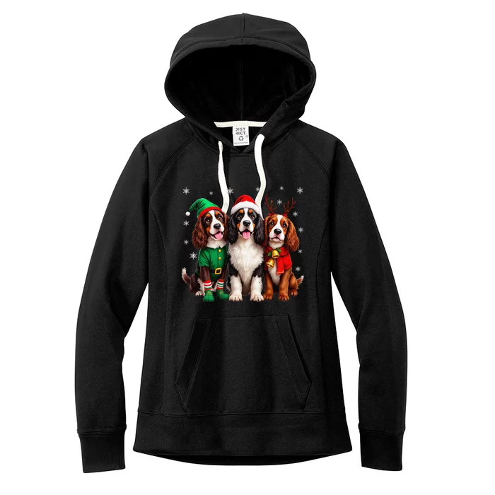 English Springer Spaniel Christmas Dogs Santa Reindeer Elf Women's Fleece Hoodie