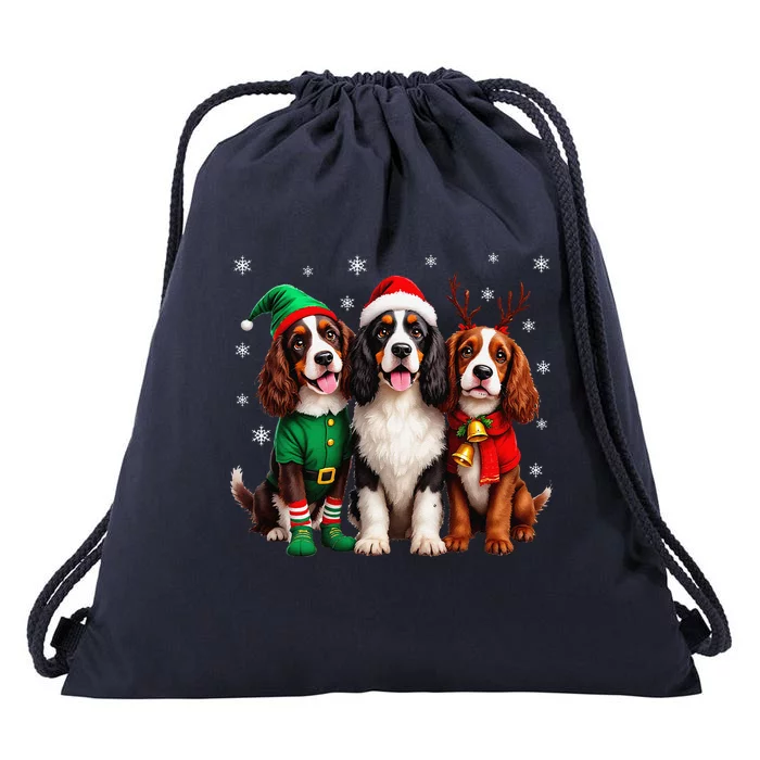 English Springer Spaniel Christmas Dogs Santa Reindeer Elf Drawstring Bag